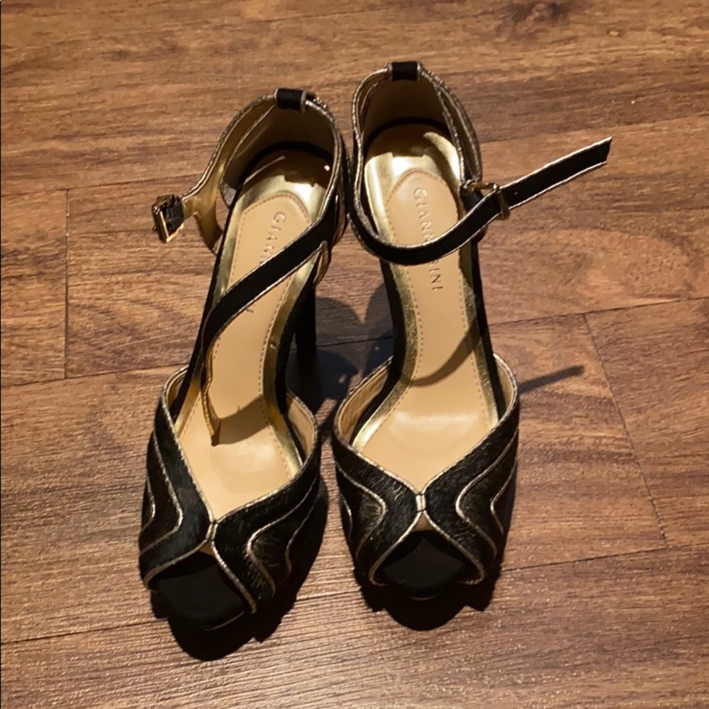 Gianni Bini Black and Gold Ankle Strap Shoes